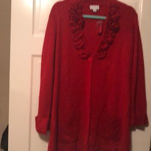 Red embellished with rosette neckline sweater